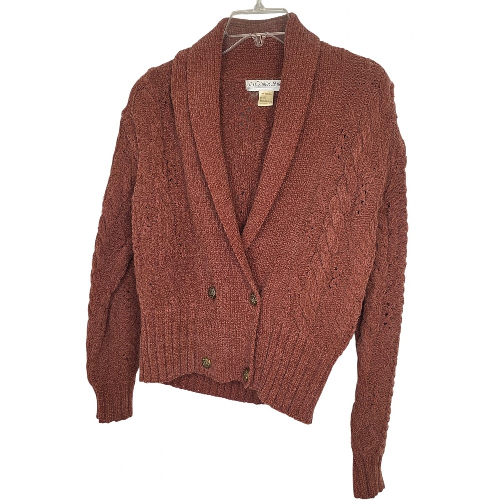 JH Collectibles Vintage Terracotta Cable Knit Shawl Collar Cardigan Sweater Med